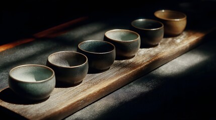Small, dark-colored ceramic teacups arranged on a wooden tray.