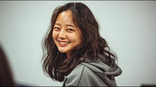 character sheet, 34 angle view of Asian woman with shoulder-length wavy dark brown hair, warm smile, friendly eyes, wearing gray hoodie, natural pose, most flattering angle, clean white background,