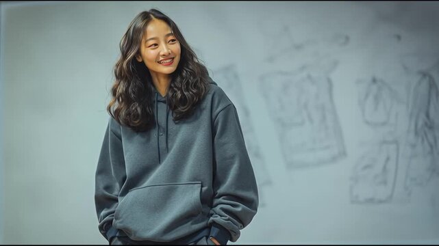 character sheet, Asian woman with shoulder-length wavy dark brown hair, confident smile, wearing gray hoodie and casual pants, standing naturally, weight shifted to one leg, arms at sides, clean