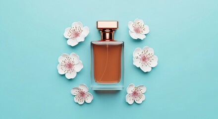 Elegant perfume bottle surrounded by delicate white blossoms on teal background