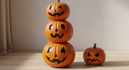 Three stacked happy carved pumpkins with glowing faces contrast next to single small pumpkin showing angry expression on sunlit wooden floor indoors festive autumn holiday