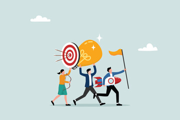 Entrepreneurship, thinking and developing new ideas, organizing and launching new innovation products, business people holding winning flags, rockets, light bulb ideas and target plans.