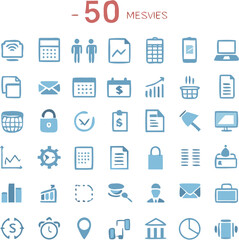 Clean flat business and office icon set vector, 50 minimal modern symbols for corporate, finance, communication, and productivity, editable EPS