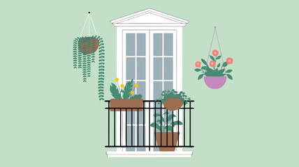 Illustration of Balcony with Potted Plants, Flower Boxes, Hanging Baskets, and White Double Doors