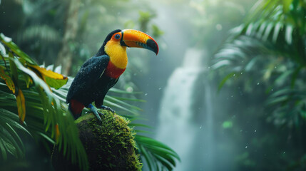 Naklejka premium Vibrant toucan perched in lush rainforest with waterfall