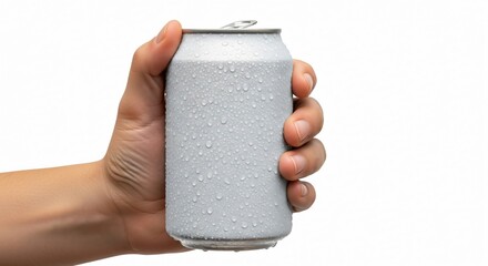Refreshing chilled beverage can with condensation held in hand