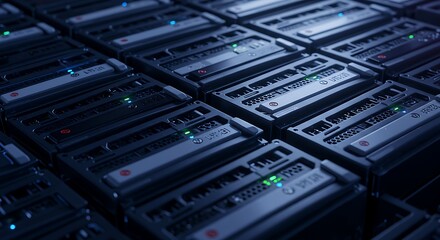 Rows of modern computer servers with glowing green indicator lights in a dark data center