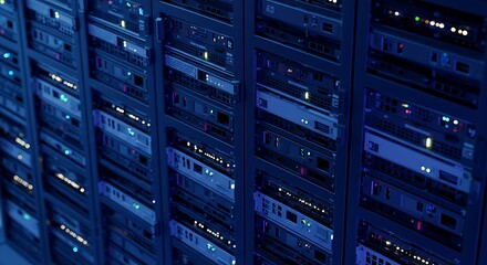 Rows of glowing blue server racks in a modern data center illuminated by subtle internal lights