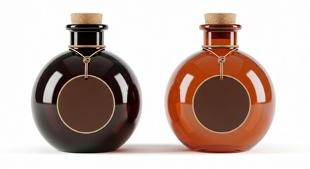 Two round glass bottles with cork stoppers and blank tags