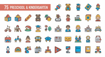 Fototapeta premium Collection of colorful, outlined icons representing preschool and kindergarten activities and objects.