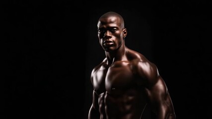 Studio video of muscular man posing. Shirtless male african model with muscular build. Side view of fit young american african man. Muscular young man against a black background with copy space.