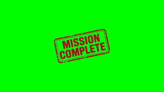 Mission Complete: rubber stamp seal label animation on a green screen background for marking finished tasks, accomplished goals, and successful project completion