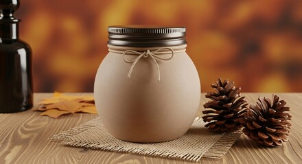 Cozy autumn jar with pinecones and leaves on rustic table