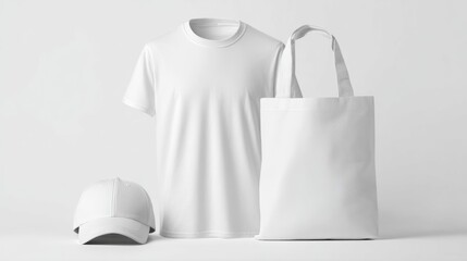 White round-neck T-shirt, simple cap, and tote bag set, perfect for branding mockups, isolated on pure white background