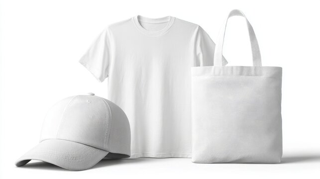 White T-shirt, matching cap, and tote bag mockup display, minimalistic arrangement, isolated on pure white background, professional studio lighting - Powered by Adobe