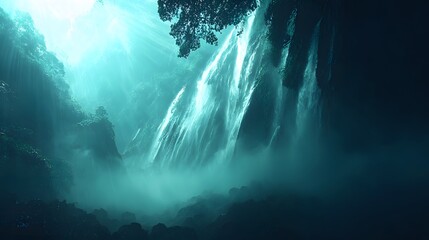 Obraz premium Misty waterfall cascading through a gorge.