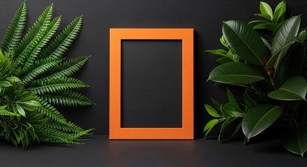 Elegant orange frame with lush green foliage on dark background