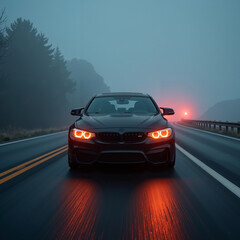 Fototapeta premium Sporty black car with glowing headlights driving on a foggy road at night