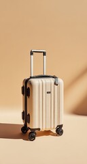 Pale beige carry-on suitcase with retractable handle, four wheels, and subtle vertical lines against a matching muted background, lit by soft sunlight