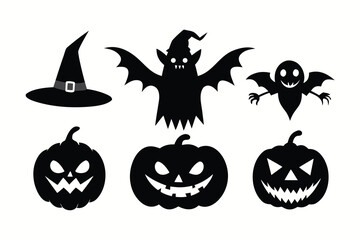 Obraz premium Black and White Halloween Silhouettes Witch Hat, Vampire Bat, Ghost, and Carved Pumpkins