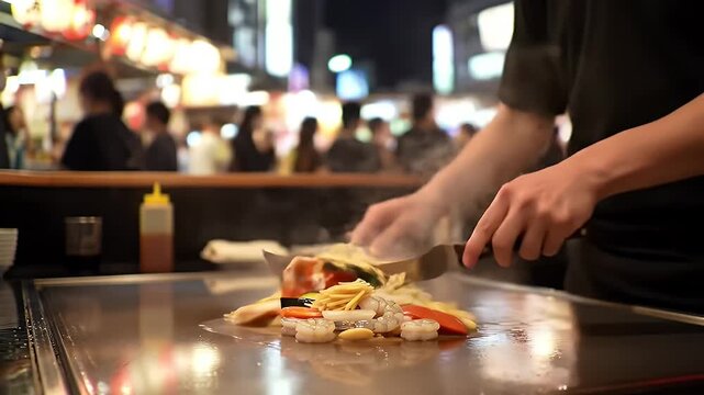 Chef Preparing Vibrant Seafood and Vegetable Teppanyaki Dish at Night Market Close Up Low Angle View Warm Lighting Blurry Background Steaming Food Cooking Process