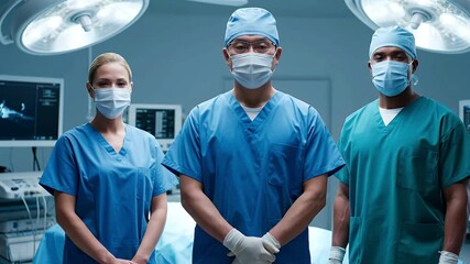 Professional Medical Team Standing in Operating Room Wearing Scrubs, Masks, and Gloves