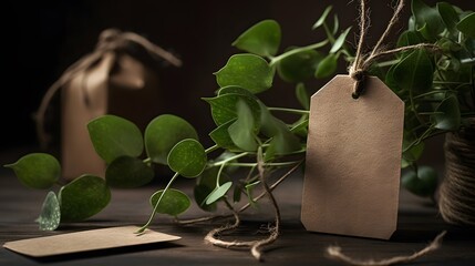 Close-up of a rustic kraft tag hanging at the front of a product, featuring organic fiber details, a pre-punched hole, and vintage-inspired eco packaging aesthetic
green plant in the garden
