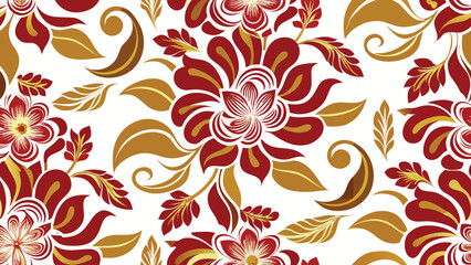 Red and gold floral pattern with swirling leaves on white background vector
