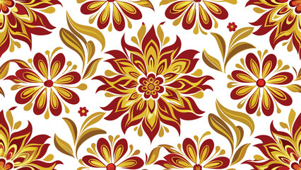 Fototapeta premium Seamless floral pattern with red and gold stylized flowers and leaves decorative ornamental