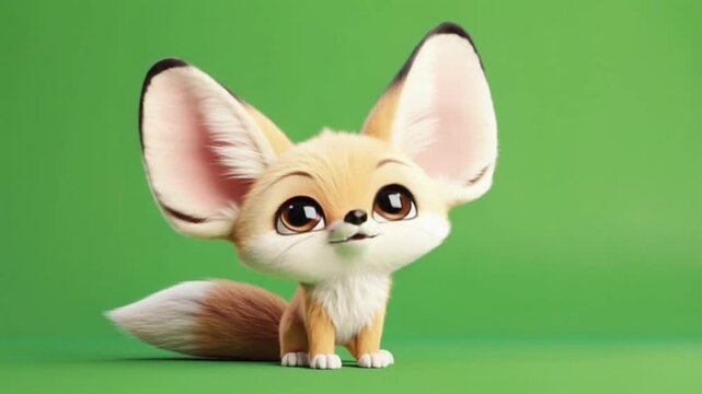 Adorable fennec fox animation with big eyes winks playfully on green screen
