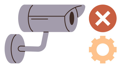 Security camera alongside a red error icon and gear symbolizing surveillance system failure, repair, and optimization. Ideal for security, maintenance, technology, monitoring, troubleshooting