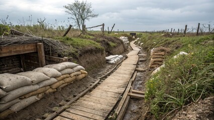 Military trench with wooden walkway in a rural landscape