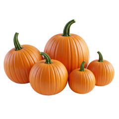 Group of Five Orange Pumpkins of Varying Sizes variety isolated on a transparent background