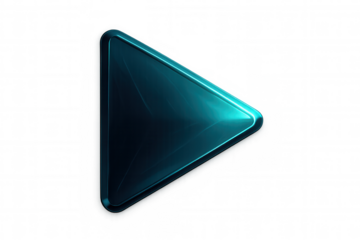 Metallic teal play button gleaming, directing rightward, signaling progression against transparent backdrop