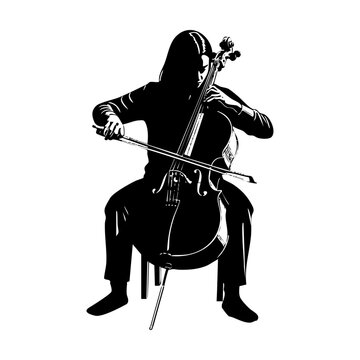 Black and White Line Art Illustration of person Playing Cello