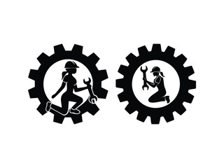 Black silhouette vector of a mechanic kneeling beside a large gear