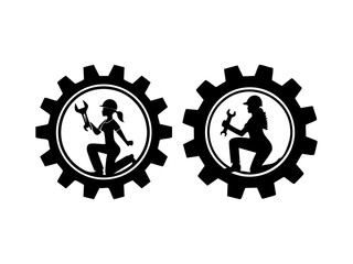 Black silhouette vector of a mechanic kneeling beside a large gear holding a spanner
