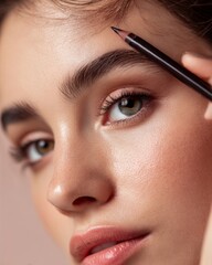 Closeup of a young woman using brow pencil smooth radiant skin natural beauty look soft lighting isolated on a pastel background premium cosmetic photography