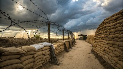 Fototapeta premium Military outpost surrounded by barbed wire and sandbags