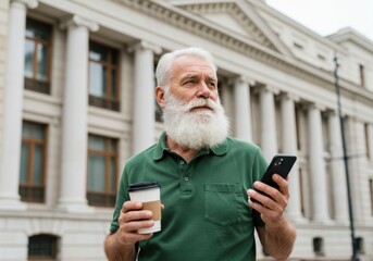 Elderly man with white beard holding coffee and phone
