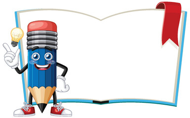 Cheerful Pencil Character with Open Book