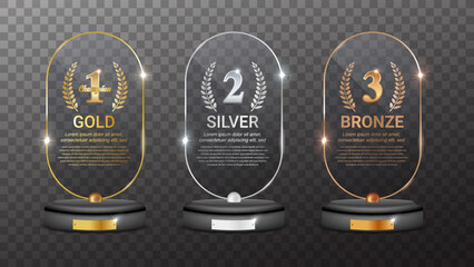 Gold, Silver, and Bronze Glass Award Trophy Set with Laurel Wreath – Transparent Winner Prize Template for First, Second, and Third Place Vector Illustration