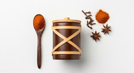 Rich spices and powder on wooden spoon and container