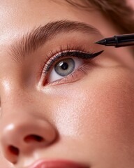 Closeup of a young woman using gel eyeliner smooth radiant skin natural beauty look soft lighting isolated on a pastel background premium cosmetic photography