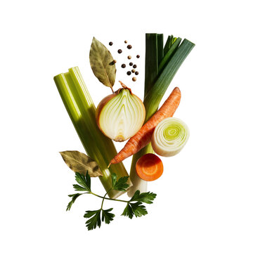 Classic mirepoix ingredients with onion, carrot, and leek isolated on transparent background