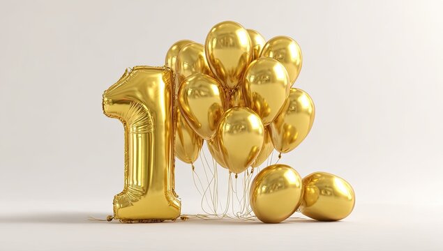 A large gold foil balloon numeral "1" stands beside a cluster of smaller gold balloons, all against a simple white background, suggesting a first birthday or anniversary celebration