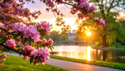Naklejka premium Sunrise blooms: Captivating view of rhododendrons at dawn over river with tranquil park