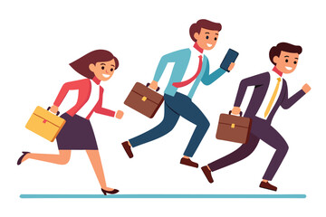 Obraz premium Cartoon Business Team Running with Briefcases and Phone to Reach Goal Together