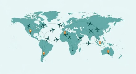 A world map displays interconnected flight paths with airplanes flying between continents and various destinations across the globe
