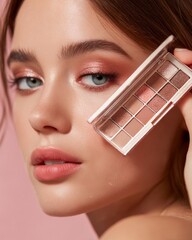 Closeup of a young woman using eye shadow palette smooth radiant skin natural beauty look soft lighting isolated on a pastel background premium cosmetic photography